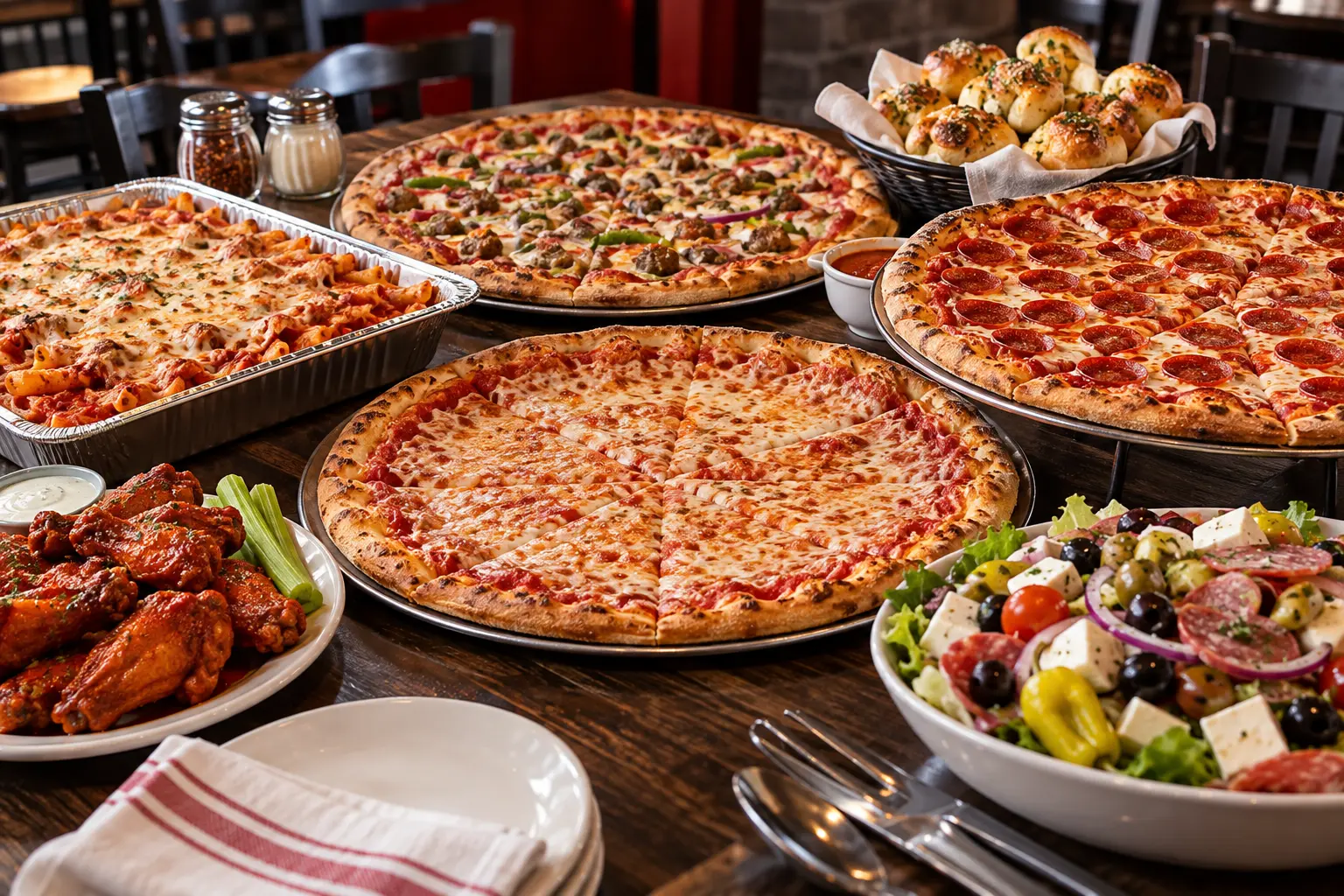 Pizza, wings, garlic knots, pasta and salad arranged for a group