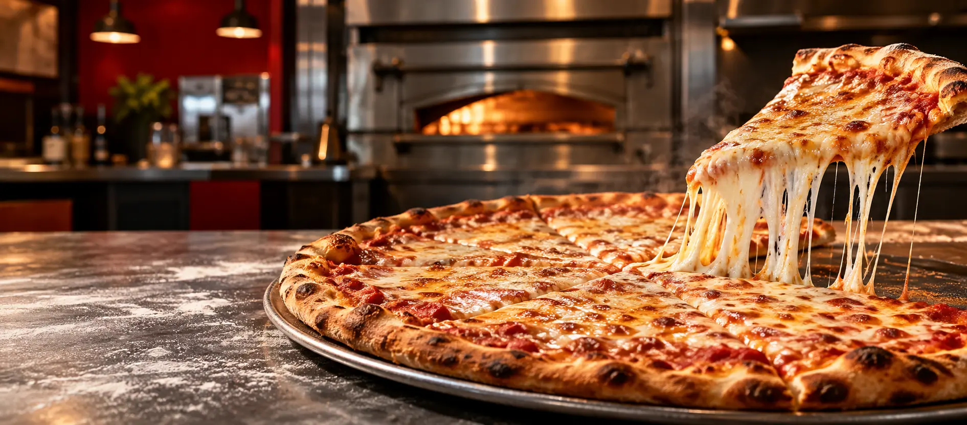 New York-style cheese pizza with a lifted slice
