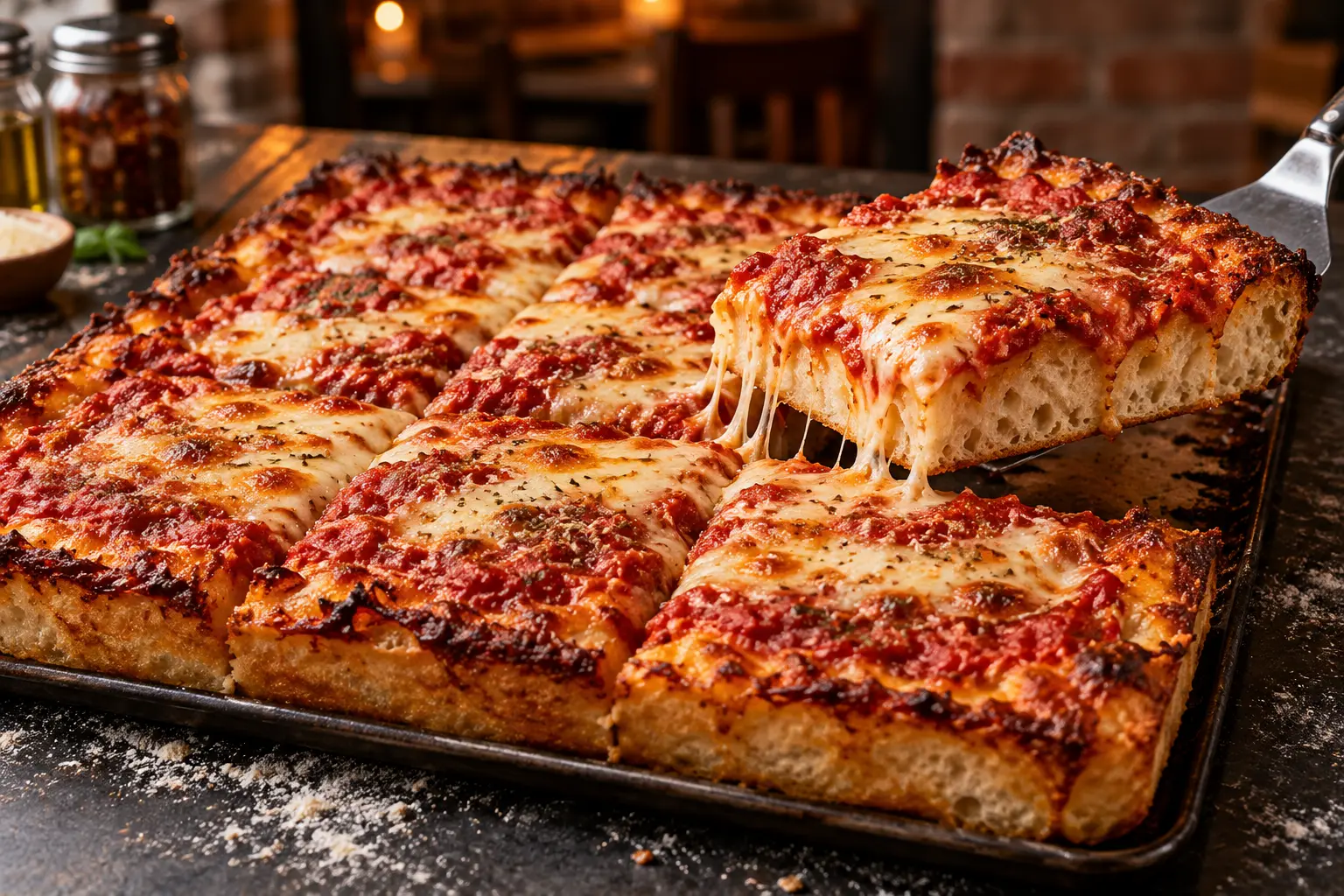 Square Sicilian pizza with a crisp edge and airy crust